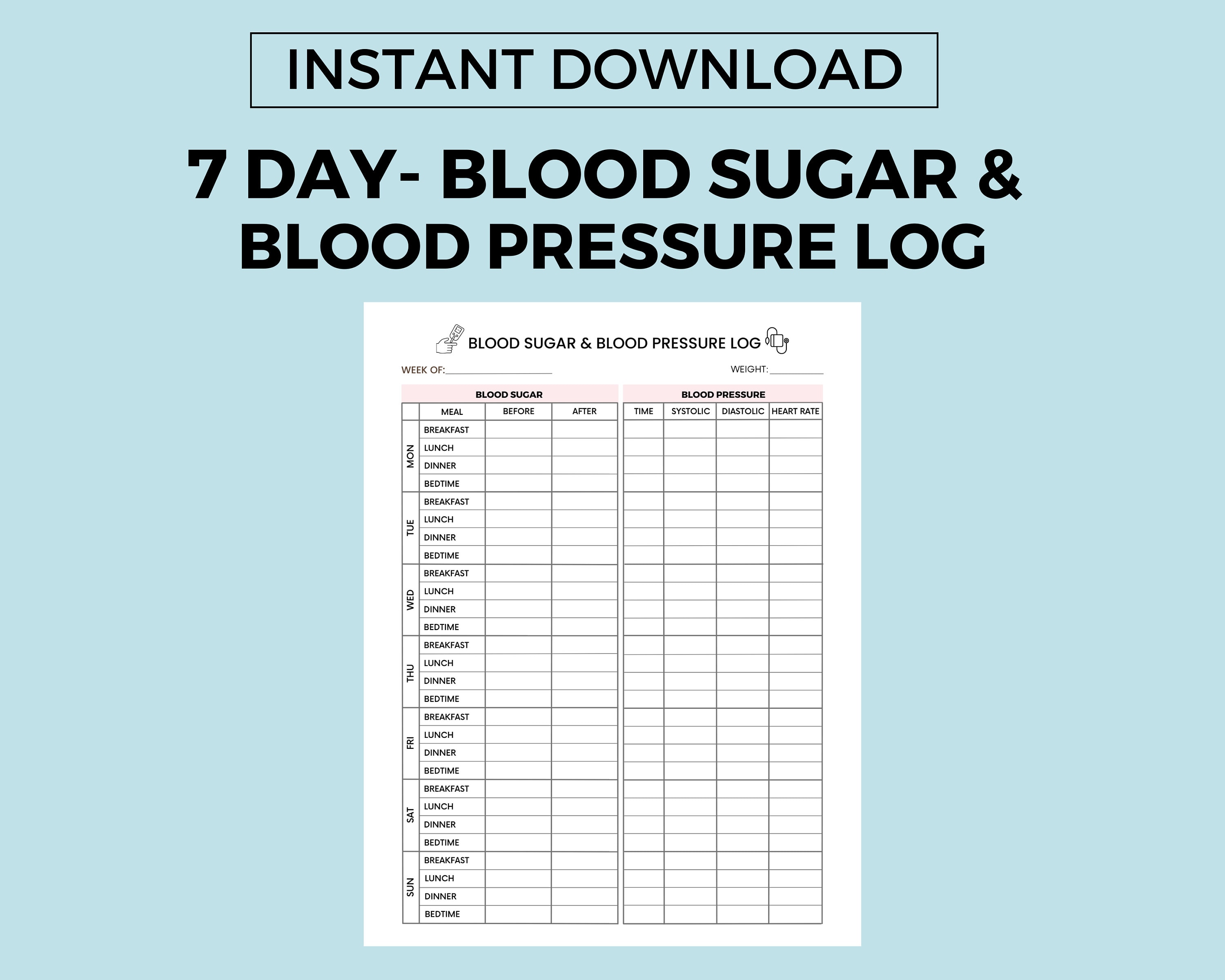 Blood Sugar Log and Blood Pressure Log Digital Download, Blood Sugar