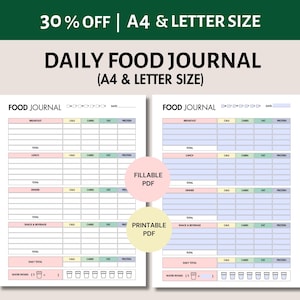 Daily Food Journal Printable and Fillable Calorie Tracker, Daily Food Dairy Printable Health and Wellness Journal Meal Prep Planner Food Log