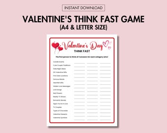 Valentine Think Fast Game Printable Valentine Day Party Game Instant Download Valentine Couple Game Valentine Family Activity Printable Game