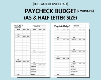 May include: Two printable versions of a black and white budget tracker for paychecks. The left side has sections for income, bills, savings, and debt payments. The right side has sections for expenses, sinking funds, and debt payments. Both sides have sections for totals and summaries.