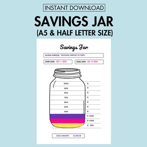 May include: A printable savings jar tracker with a black and white illustration of a mason jar. The jar is filled with colored bars representing savings progress. The tracker includes fields for saving purpose, start date, goal date, and goal amount. The text "Savings Jar" is at the top of the page.
