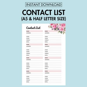 Contact List Printable Contact Organizer PDF Address Book Page, Friend Contact Information, Emergency Contact Information A5 Journal Page