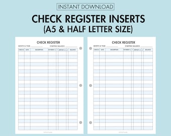 Registre de chéquiers imprimable Registre de chèques pour un usage personnel et des petites entreprises, page de journal A5 de suivi de l'argent au format PDF