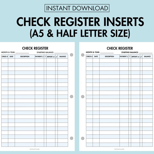 A5 Check Register Inserts, Half Letter Size Check Register Inserts Printable, Check Register for Personal & Small Business Use