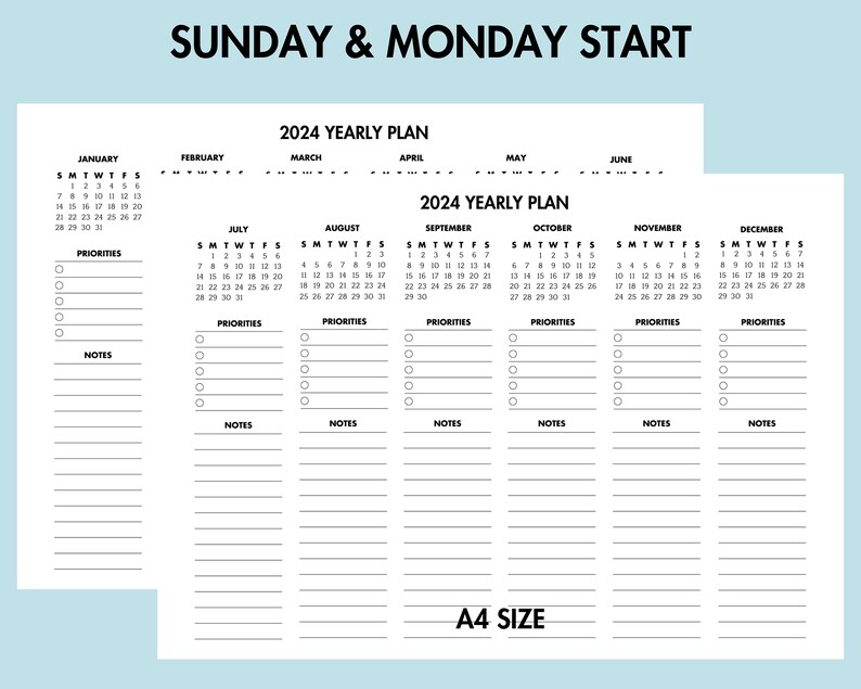 2024 Yearly Planner With Notes 2024 Yearly Overview Printable Etsy
