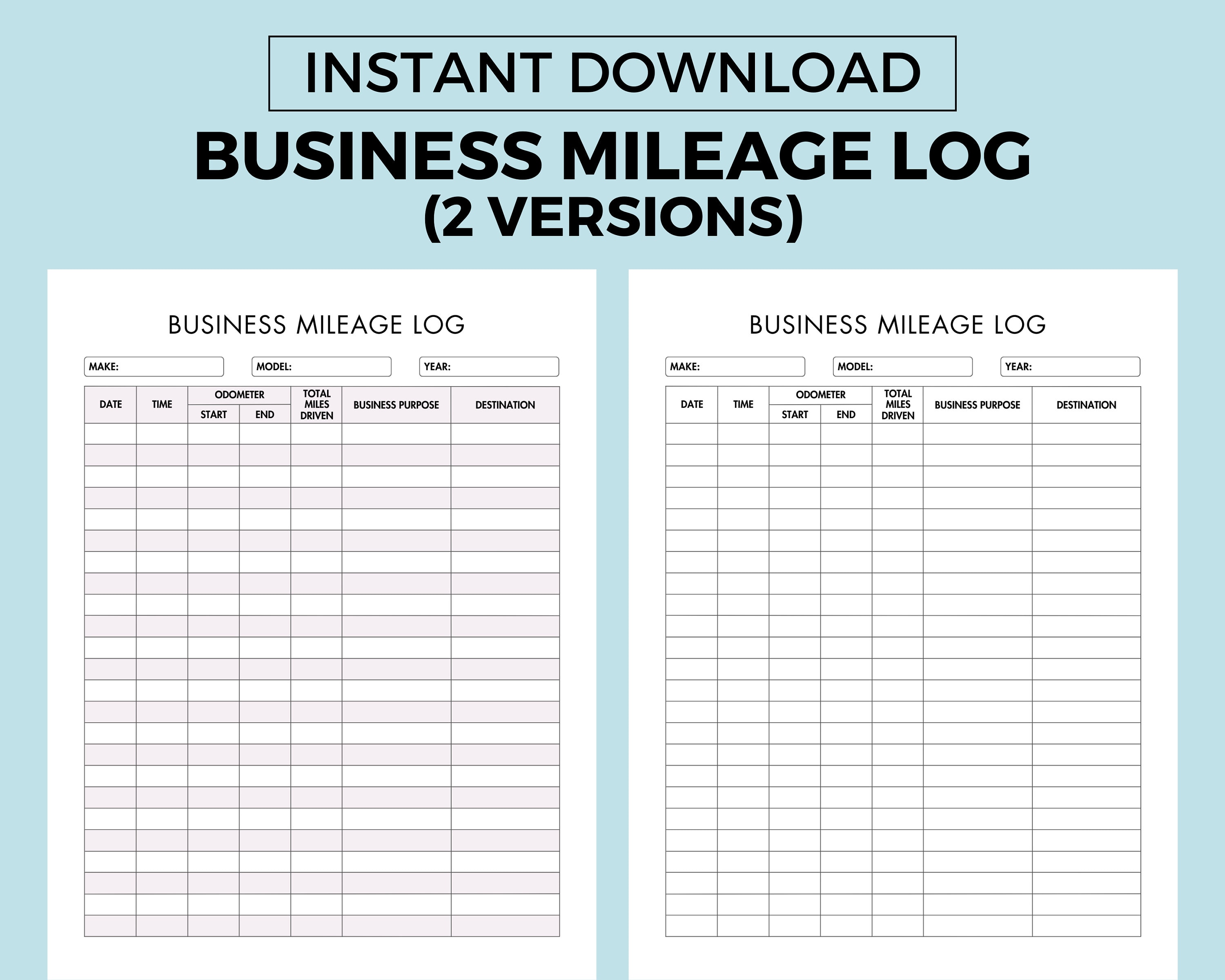 Business Mileage Log Book Printable, Vehicle Mileage Log Book for
