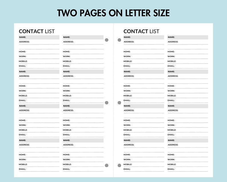 Personal Contact List Printable Address Notebook Page Phone Number List ...