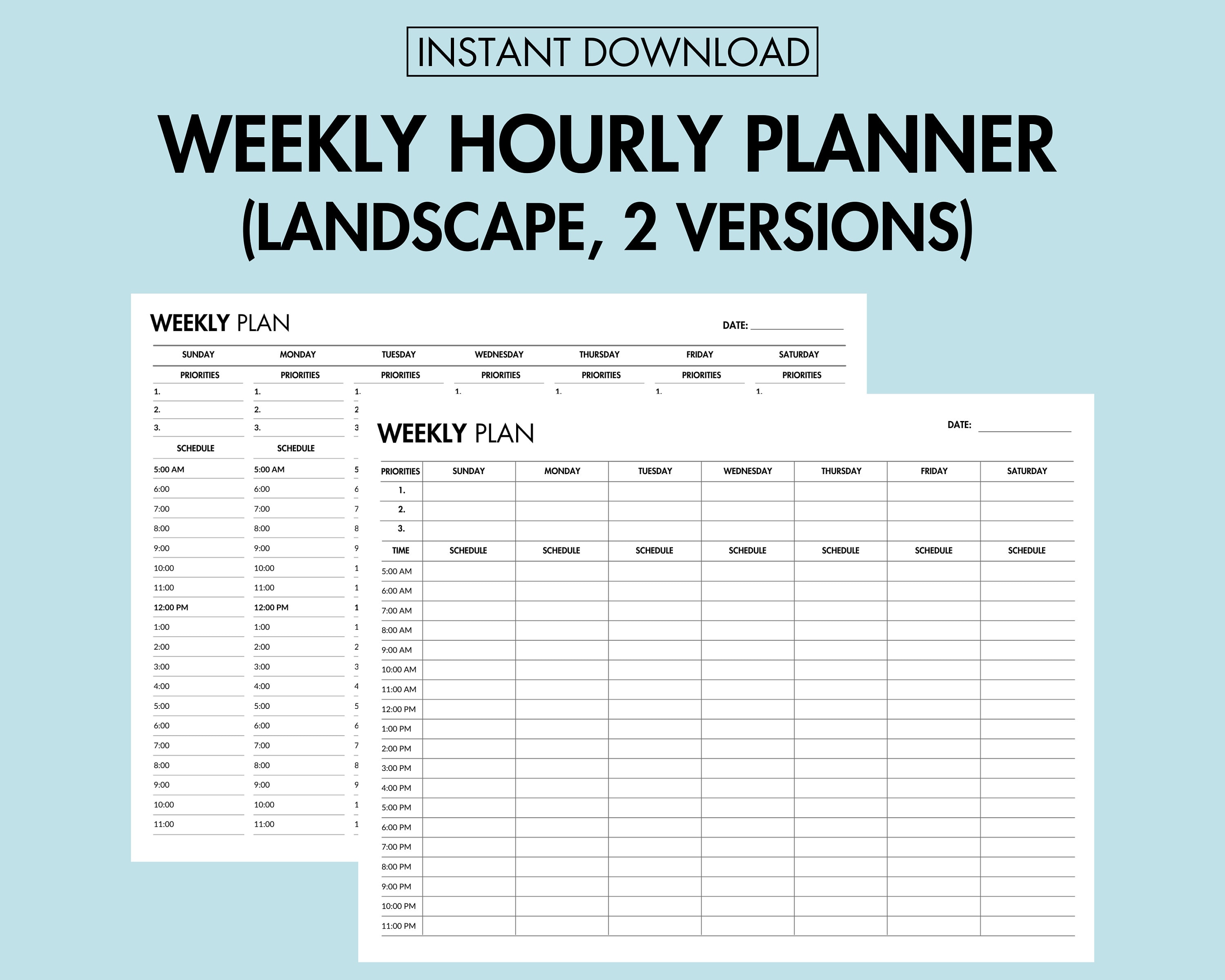 Weekly Hourly Schedule Planner Printable Weekly Hourly Productivity ...