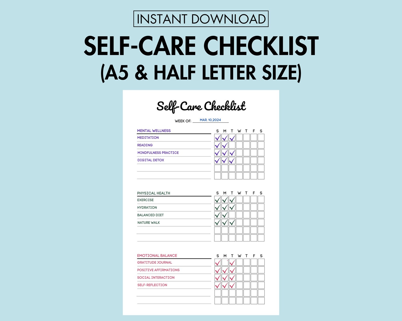 Self Care Checklist Printable Personal Wellness Planner PDF, Weekly ...