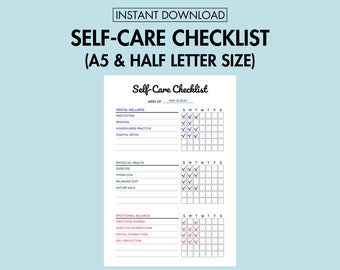 Self Care Checklist Printable Personal Wellness Planner PDF, Weekly Wellness Journal Mindfulness Journal Weekly Habit Log A5 Journal Page
