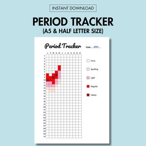 May include: A printable period tracker with a grid for tracking your cycle throughout the year. The grid is labeled with the months of the year and the days of the month. There are five color-coded boxes to the right of the grid for indicating the flow level: none, spotting, light, regular, and heavy.