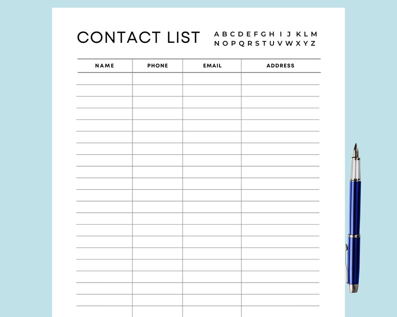 May include: A blank contact list with columns for name, phone, email, and address. The list is printed on white paper and has a black border.