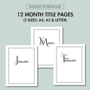May include: Three white title pages for a planner, each with a black border and floral accents. The pages display the months January, February, and March. Text at the top reads "INSTANT DOWNLOAD" and "12 MONTH TITLE PAGES (3 SIZES: A4, A5 & LETTER)".