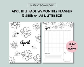 April Journal Title and April Monthly Planner Undated Printable April Journal Cover Page and Monthly Calendar Set PDF Sunday Monday Start