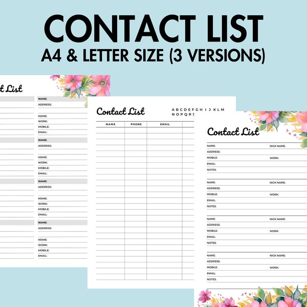 Contact List Printable, Address Book Pages, Phone Number List, A5 Planner Inserts, Contact Information, Emergency Tracker, Tracker Printable