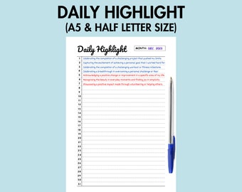 Könnte beinhalten: Ein druckbarer Tages-Highlight-Log mit einem blauen Stift auf hellblauem Hintergrund. Der Log ist mit nummerierten Zeilen für 31 Tage formatiert und enthält einen Abschnitt für den Monat, der Dezember 2023 ist. Der Log ist so konzipiert, dass Benutzer ihre täglichen Erfolge und positiven Erfahrungen verfolgen können.