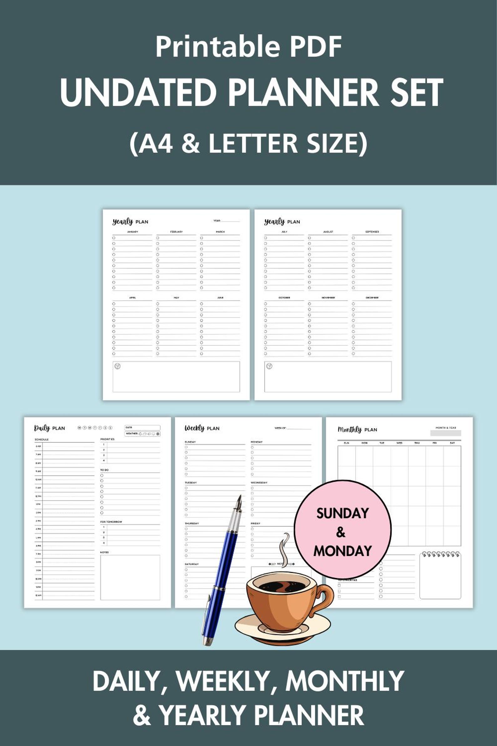 Undated Planner Bundle Printable Daily Weekly Monthly & Yearly Planner ...