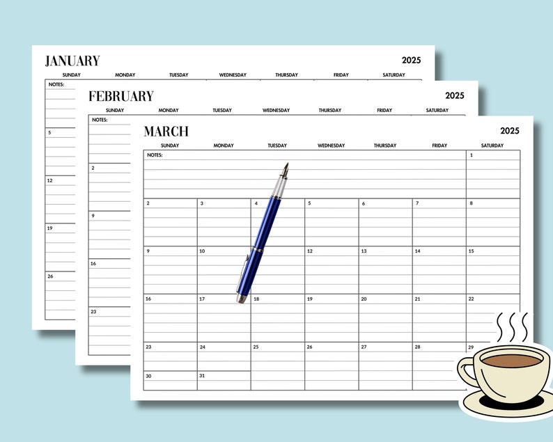 2025 monthly calendar printable 2025 monthly planner with notes 2025