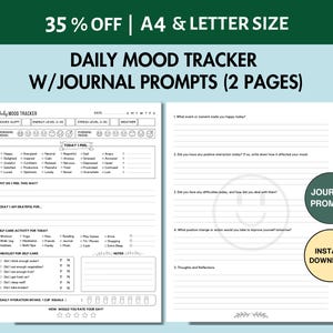 Daily Mood Tracker-dagboek afdrukbare checklist voor zelfzorgplanner pdf pdf-dagelijkse wellness-tracker met dagboekaanwijzingen logboek voor dagelijks emotie-tracking