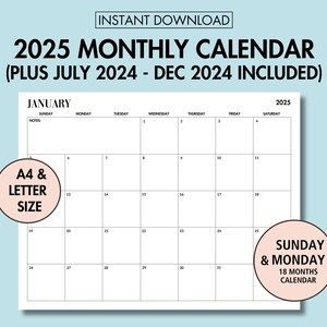2025 Monthly Calendar Printable 2024 Calendar (Jul to Dec) 2025 Blank Calendar Planner 2025 Minimal Calendar with Notes Sunday Monday Start