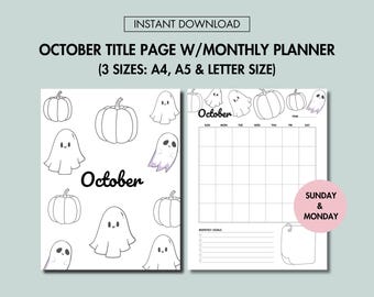 October Journal Title Page & October Monthly Planner Undated Printable October Journal Cover Page and October Calendar Undated Set Printable