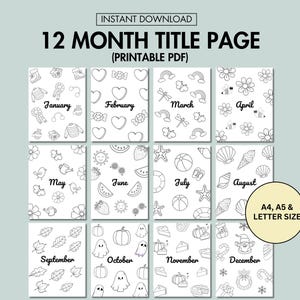 12 Month Title Page, Monthly Journal Cover Printable Instant Download, Title Page Bundle, Instant Download
