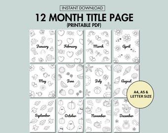 12 Month Title Page, Monthly Journal Cover Printable Instant Download, Title Page Bundle, Instant Download