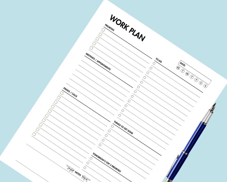 Work Routine Planner Work Planner Printable Daily Work Day Organizer Office Task Planner ...