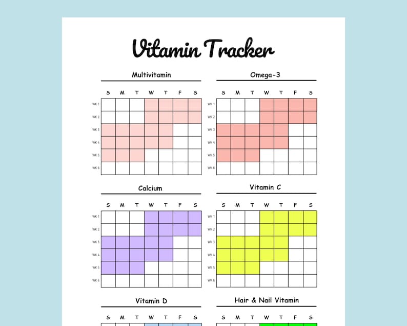May include: A printable vitamin tracker with a grid for each day of the week and six weeks. The tracker includes sections for multivitamin, omega-3, calcium, vitamin C, vitamin D, and hair and nail vitamins. The grid is colour-coded to indicate when a vitamin has been taken.