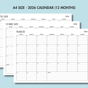May include: A stack of three white 2026 A4 size calendars, each displaying a different month: January, February, and March. The calendars have a simple, minimalist design with black lines and text, including the days of the week and space for notes.