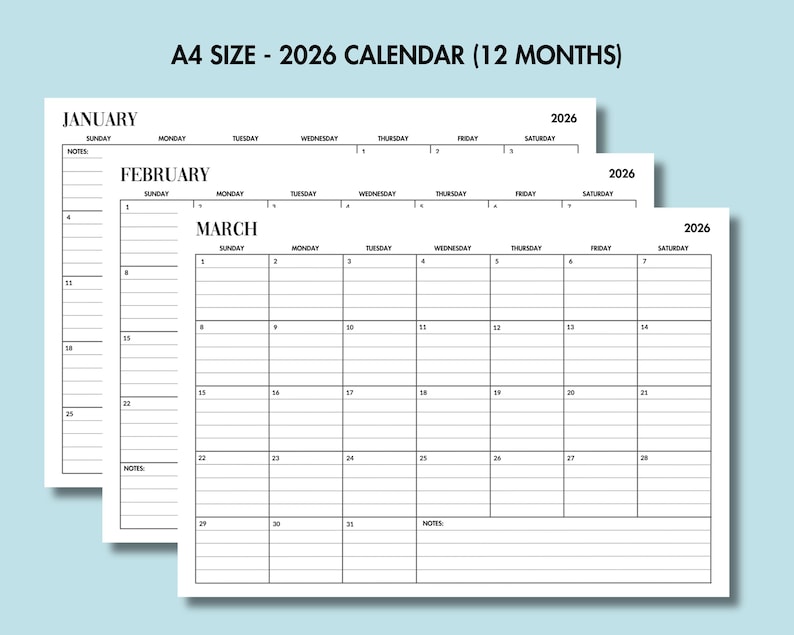 May include: A stack of three white 2026 A4 size calendars, each displaying a different month: January, February, and March. The calendars have a simple, minimalist design with black lines and text, including the days of the week and space for notes.