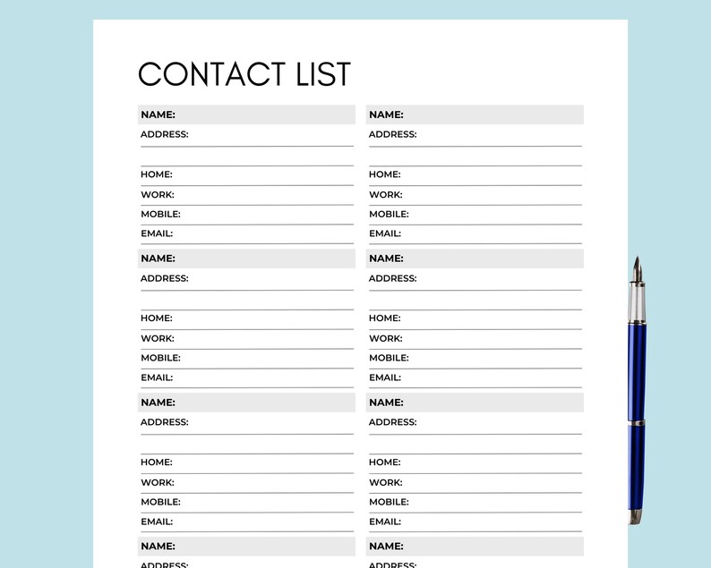 May include: A printable contact list with blank lines for filling in names, addresses, home, work, mobile phone numbers, and email addresses.