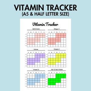 May include: A printable vitamin tracker with a grid for each day of the week. The tracker includes sections for multivitamin, omega-3, calcium, vitamin C, vitamin D, and hair and nail vitamins. Each section is color-coded with a different pastel color.