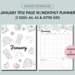 Página de título de enero Planificador mensual imprimible Juego sin fecha Portada de diario y calendario de enero PDF Juego de planificador de enero Inicio de domingo y lunes