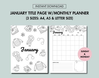 January Title Page Printable Monthly Planner Undated Set January Journal Cover and Calendar PDF January Planner Set Sunday Monday Start