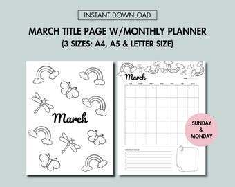 March Title Cover and March Monthly Planner Undated Printable March Journal Page with Monthly Calendar Undated PDF Sunday and Monday Start