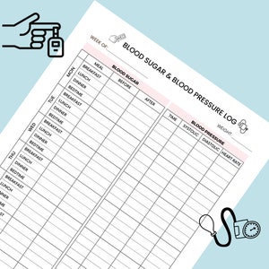 May include: A printable blood sugar and blood pressure log with a black and white illustration of a blood pressure cuff and a hand holding a blood glucose meter. The log includes columns for date, meal, blood sugar before and after, time, systolic, diastolic, and heart rate.