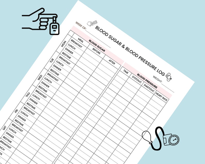 May include: A printable blood sugar and blood pressure log with a black and white illustration of a blood pressure cuff and a hand holding a blood glucose meter. The log includes columns for date, meal, blood sugar before and after, time, systolic, diastolic, and heart rate.