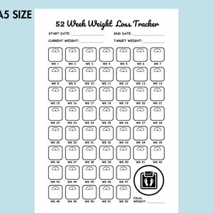 May include: A black and white printable weight loss tracker with 52 weeks of scale icons. The tracker includes spaces to write in the start date, current weight, end date, and target weight.  The tracker also includes a space to write in the final weight.