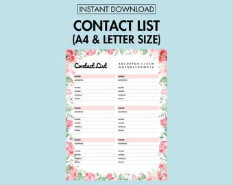 Contact List Printable Address Notebook Organizer PDF, Friend Contact Information Printable Emergency Contact Phone Number Instant Download
