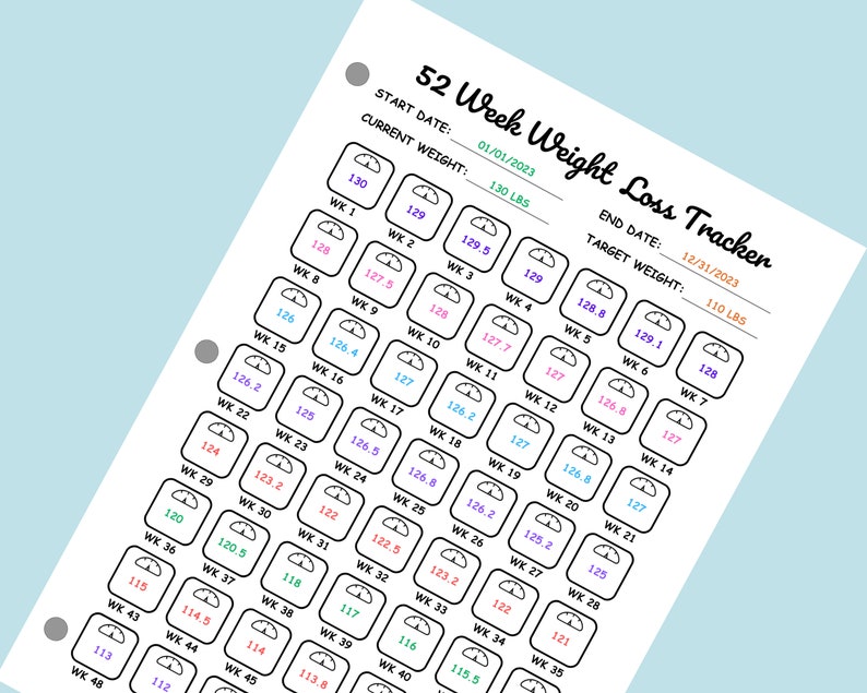 May include: A black and white weight loss tracker with a scale icon for each week. The tracker is designed for a 52-week weight loss journey. The start date is 01/01/2023 and the end date is 12/31/2023. The current weight is 130 lbs and the target weight is 110 lbs.