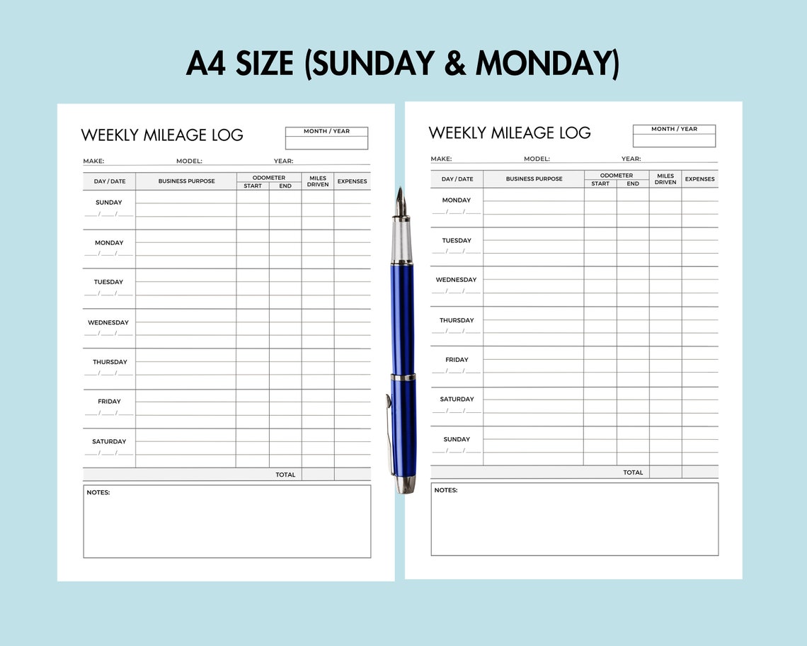 Weekly Business Mileage Log Printable Weekly Mileage Log Tracker PDF, Business Mileage Expense ...