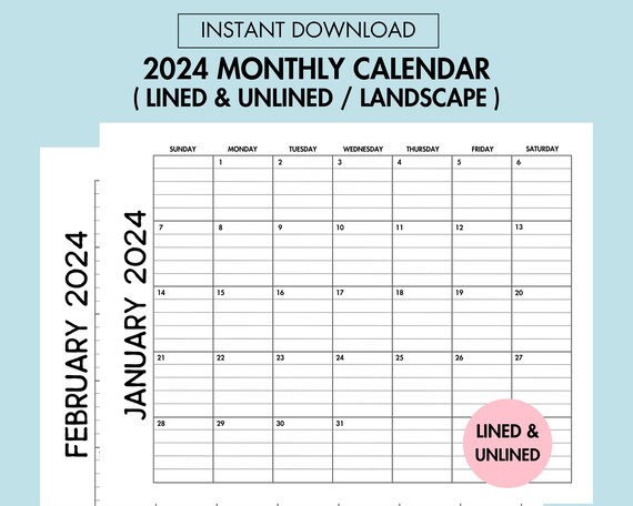 2024 Lined Monthly Calendar Printable, 2024 Monthly Calendar Landscape, 2024  Yearly Calendar, 12 Month Planner, Sunday Monday Start Planner - Etsy
