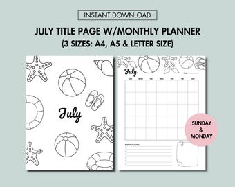 July Journal Title Page & July Monthly Planner Undated Printable July Cover Page and July Calendar  Printable Title Page Sunday Monday Start