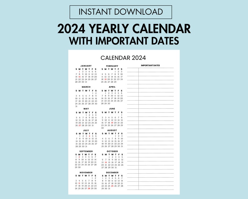2024 Yearly View Calendar With Important Dates, 2024 Yearly Calendar