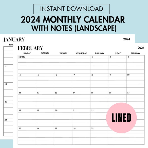Monthly Calendar Planner 2024, Minimalist Calendar with Notes, Lined Calendar Landscape, Printable Monthly Planner 2024 Sunday Monday Start