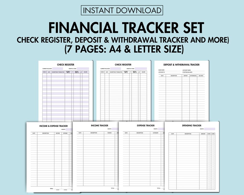 Check Tracker 2 Money Tracker Printable Check Register PDF Deposit and Withdrawal ...