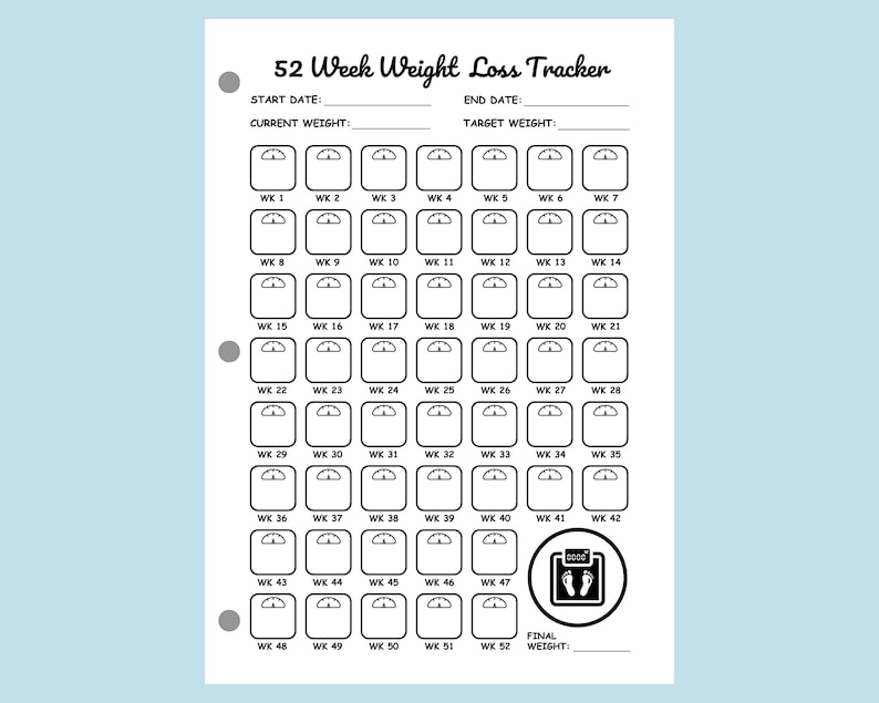 May include: A black and white printable weight loss tracker with 52 weeks of circles to track weight loss. The tracker includes spaces to write in the start date, current weight, end date, and target weight.