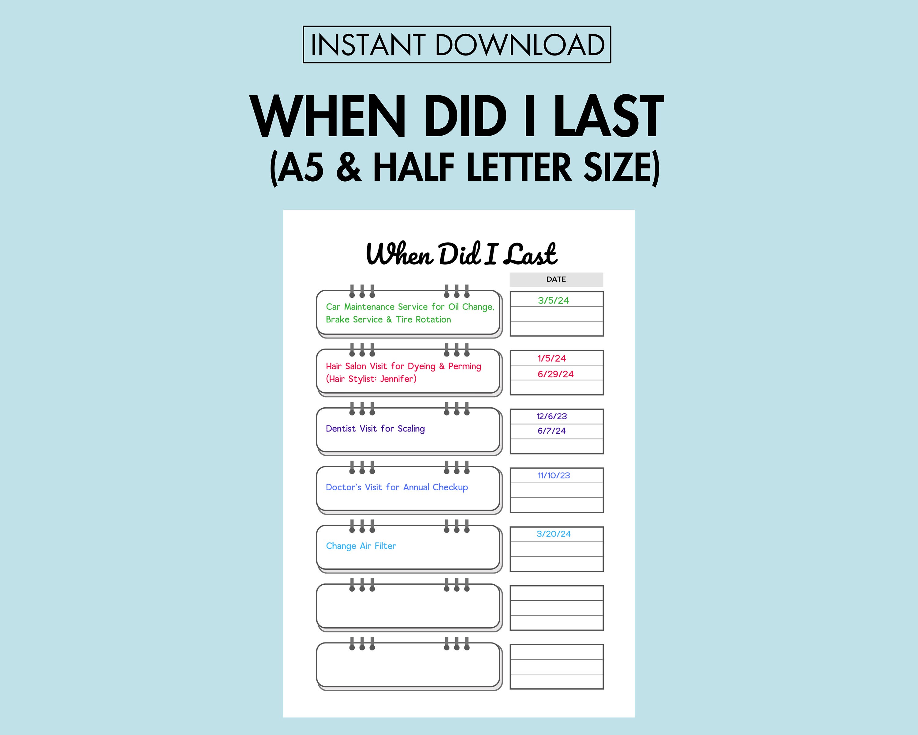 Recurring Task Log Printable Task Reminder PDF When Did I Last ...
