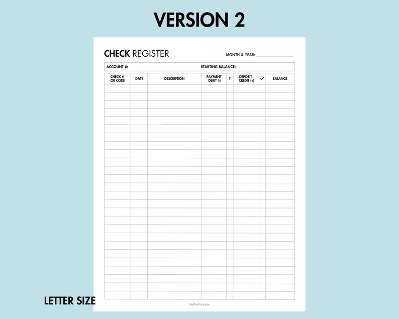 Checkbook Register Printable, Bank Account Tracker for Personal Finance